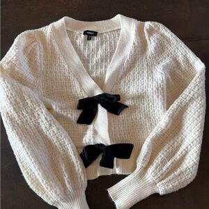 Express Cream Textured Knit Bow Front Cardigan Sweater Puff Sleeve Ivory‎ XS